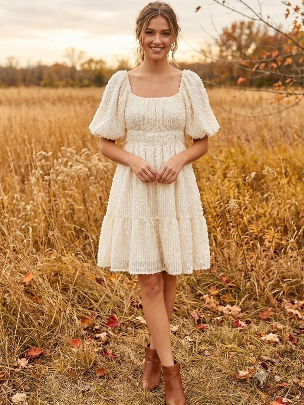 Polagram Textured Eyelash Puff Sleeve Mini Dress Cream Small